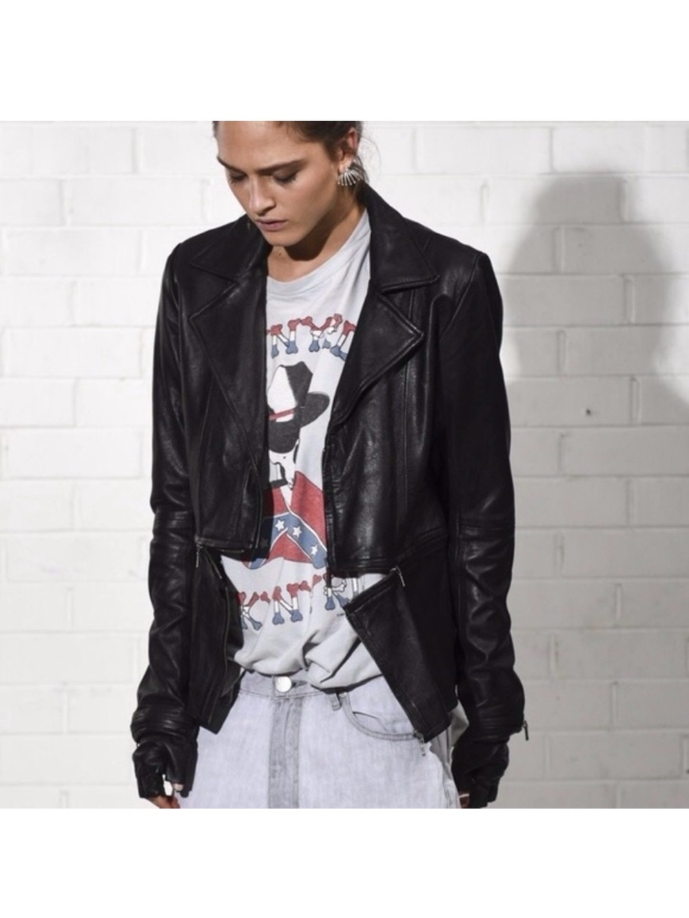 One Teaspoon Black Cropped Leather Moto Jacket